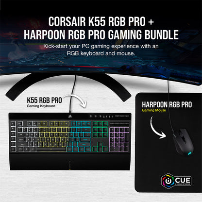 Bundle Gaming Teclado Corsair K55 RGB Pro Gaming Rubber Dome PT + Rato Óptico Corsair Harpoon RGB Pro 12000DPI Preto